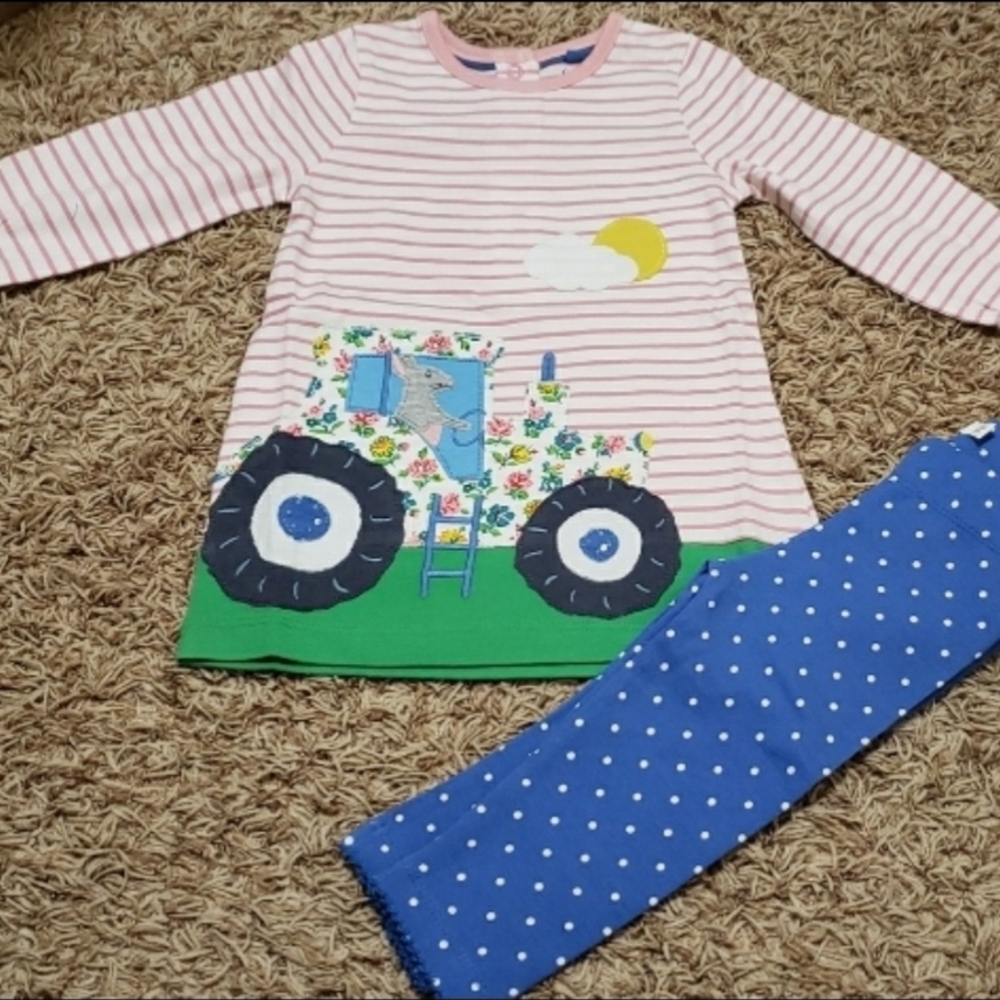 Baby Boden Striped Tractor Dress with Polka Dot Leggings Playset Size 12-18mons